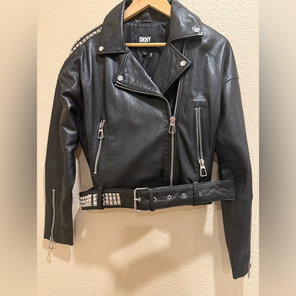 DKNY studded embellish Sheep leather motorcycle Limited Edition belted jacket